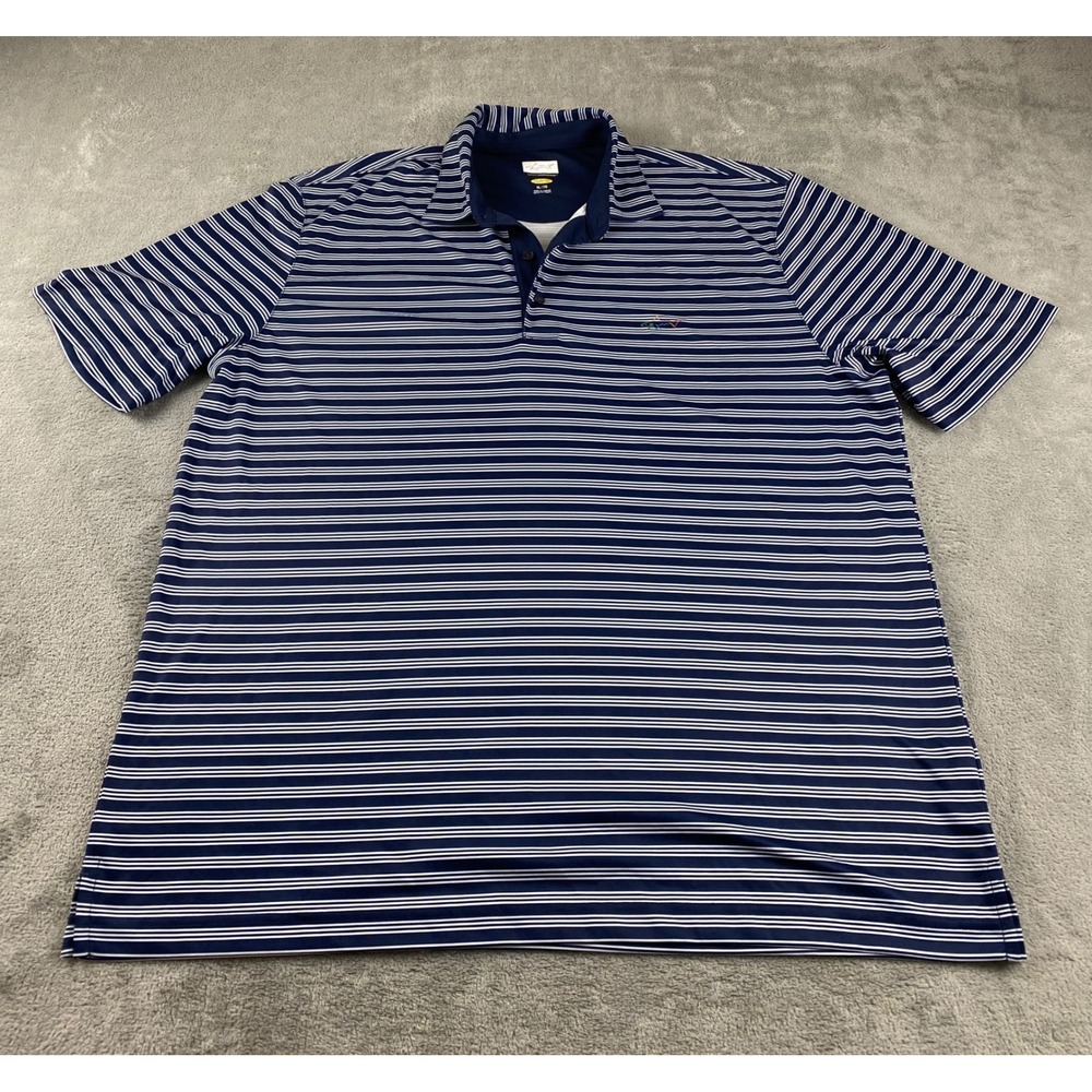 Greg Norman PLAYDRY Golf Polo Shirt XL Blue Striped Shark Logo Menswear